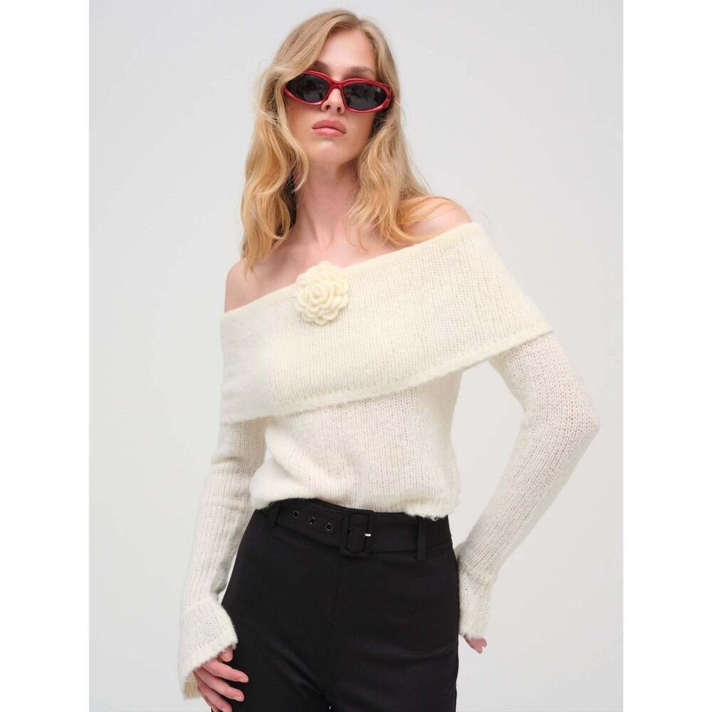 For Love & Lemons Rosette Sweater Womens XS Ivory Off Shoulder Bell Sleeve Crop